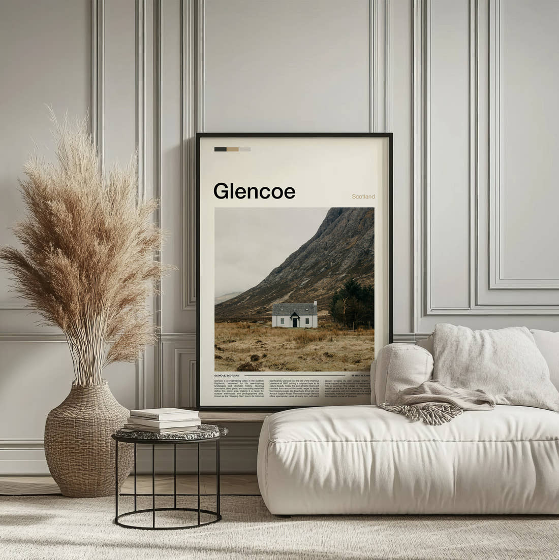 Glencoe Lone White Cottage Travel Print framed on the wall of a calm, neutral bedroom