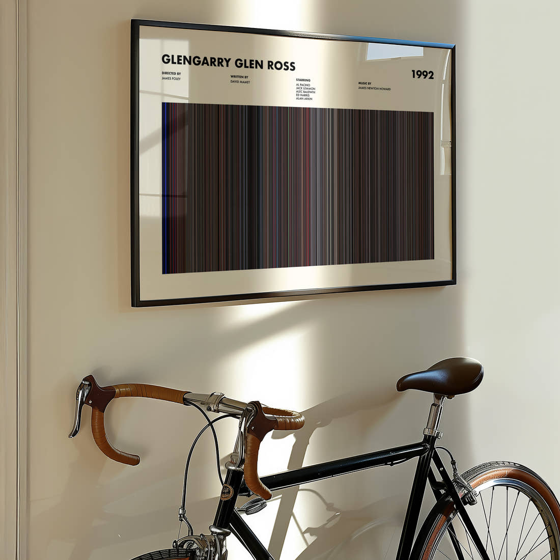 Glengarry Glen Ross Movie Barcode Poster framed on the wall of a styled room setting