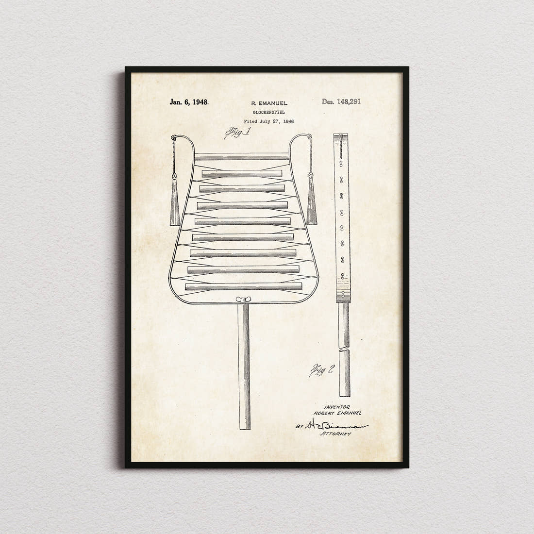 Glockenspiel Patent Print in the aged paper colourway, framed