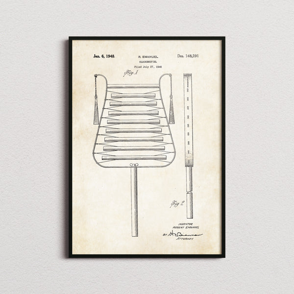 Glockenspiel Patent Print in the aged paper colourway, framed