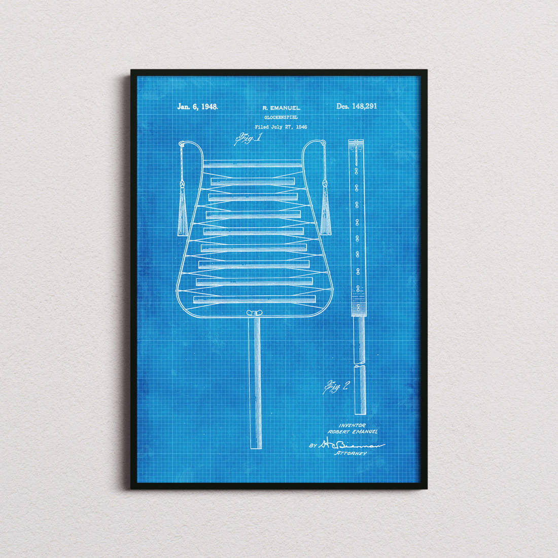 Glockenspiel Patent Print in the blueprint colourway, framed