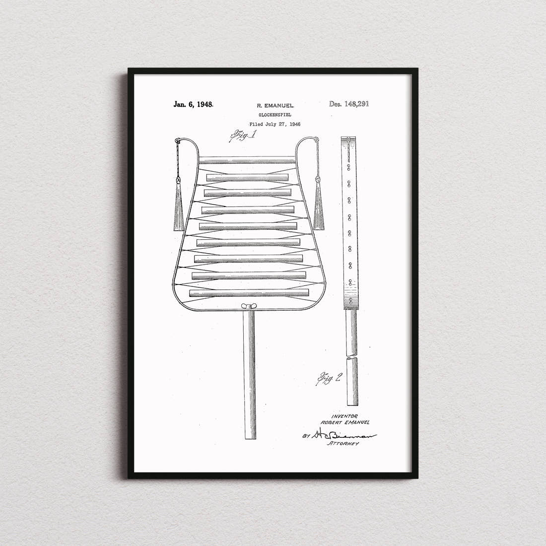 Glockenspiel Patent Print in the white colourway, framed
