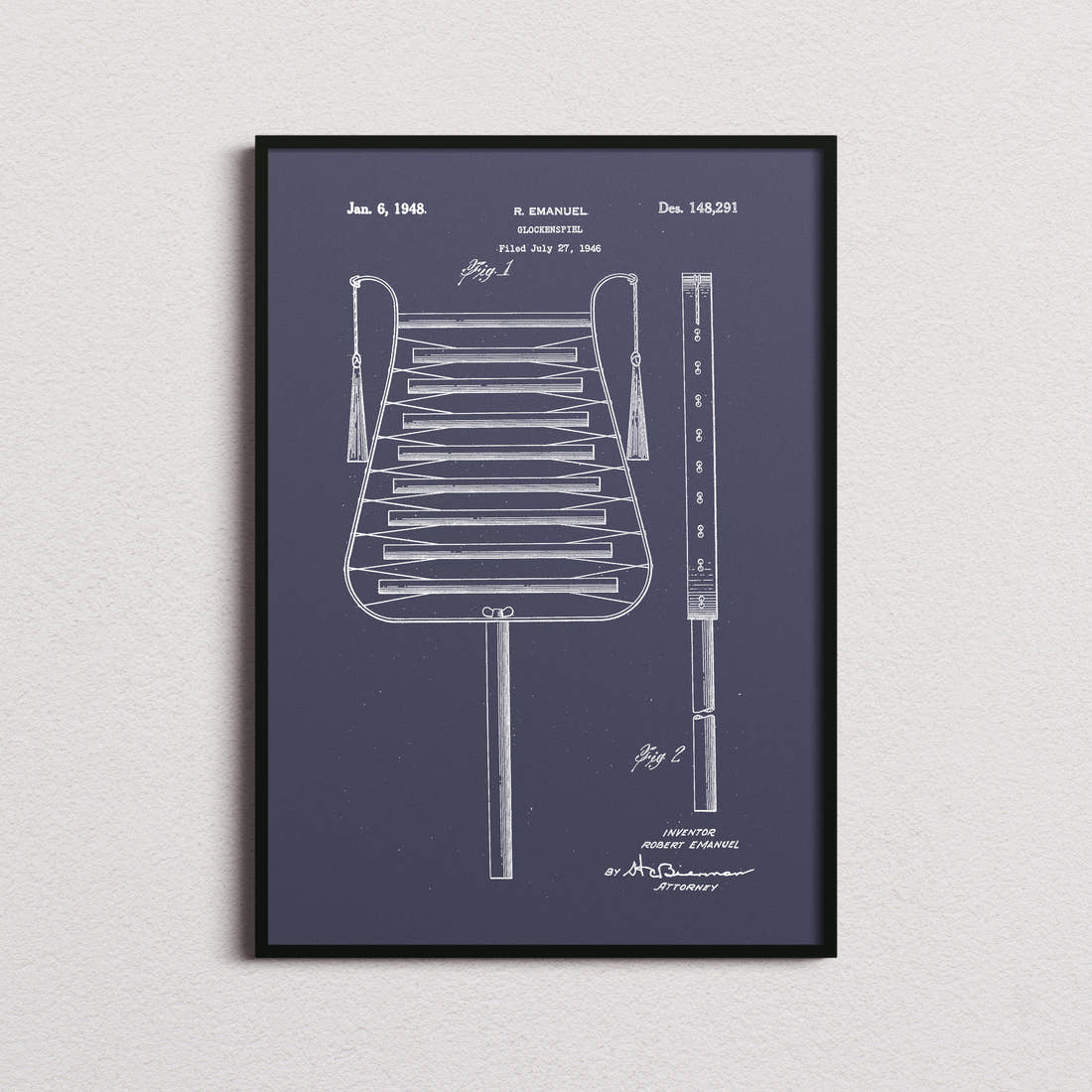 Glockenspiel Patent Print in the navy colourway, framed