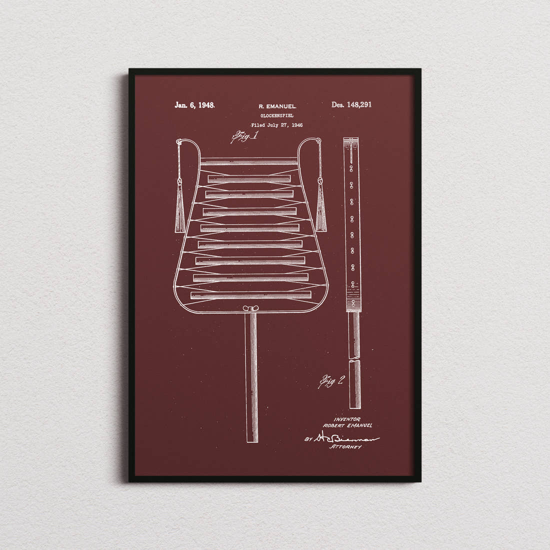 Glockenspiel Patent Print in the burgundy colourway, framed