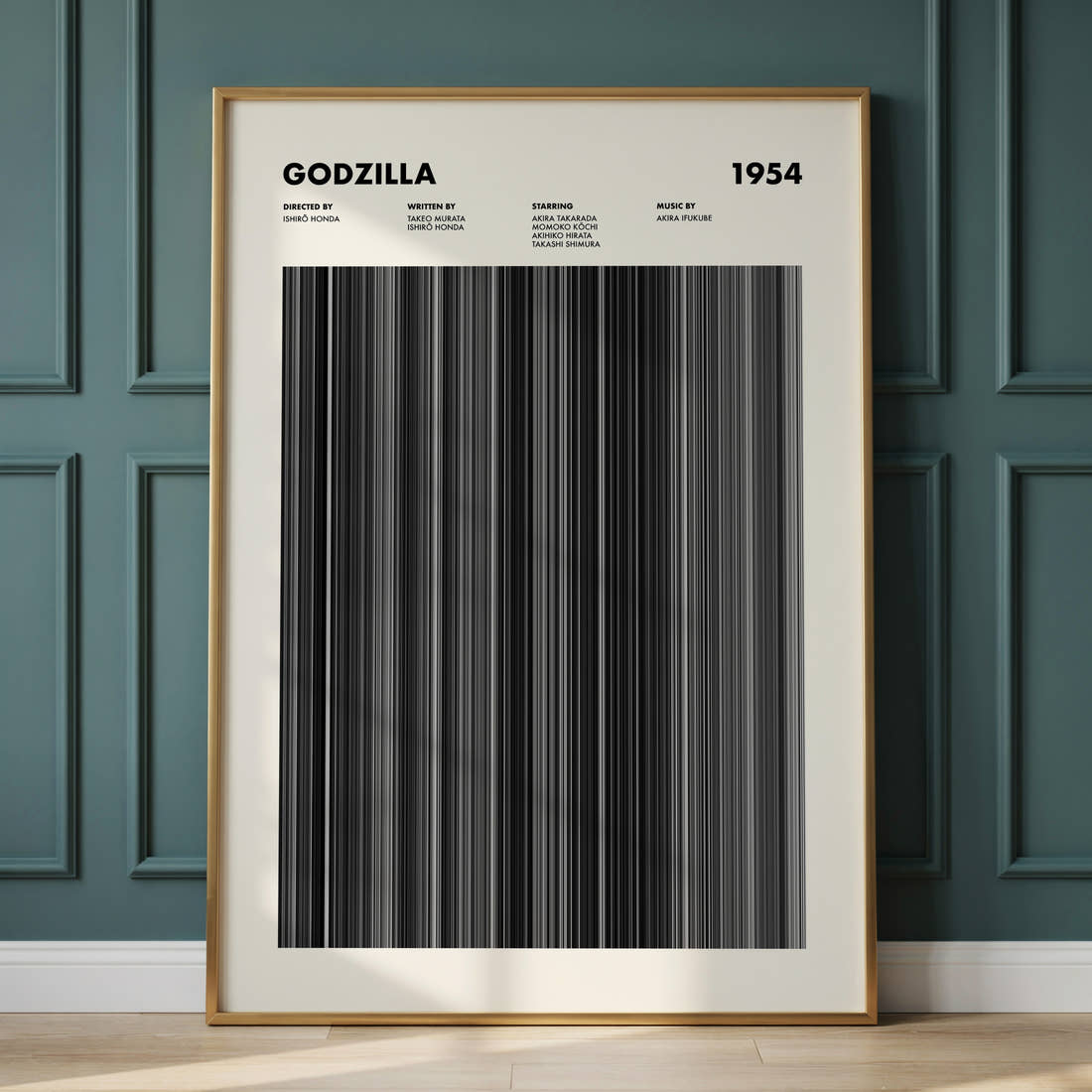 Godzilla Movie Barcode Poster framed and leaning against a panelled wall