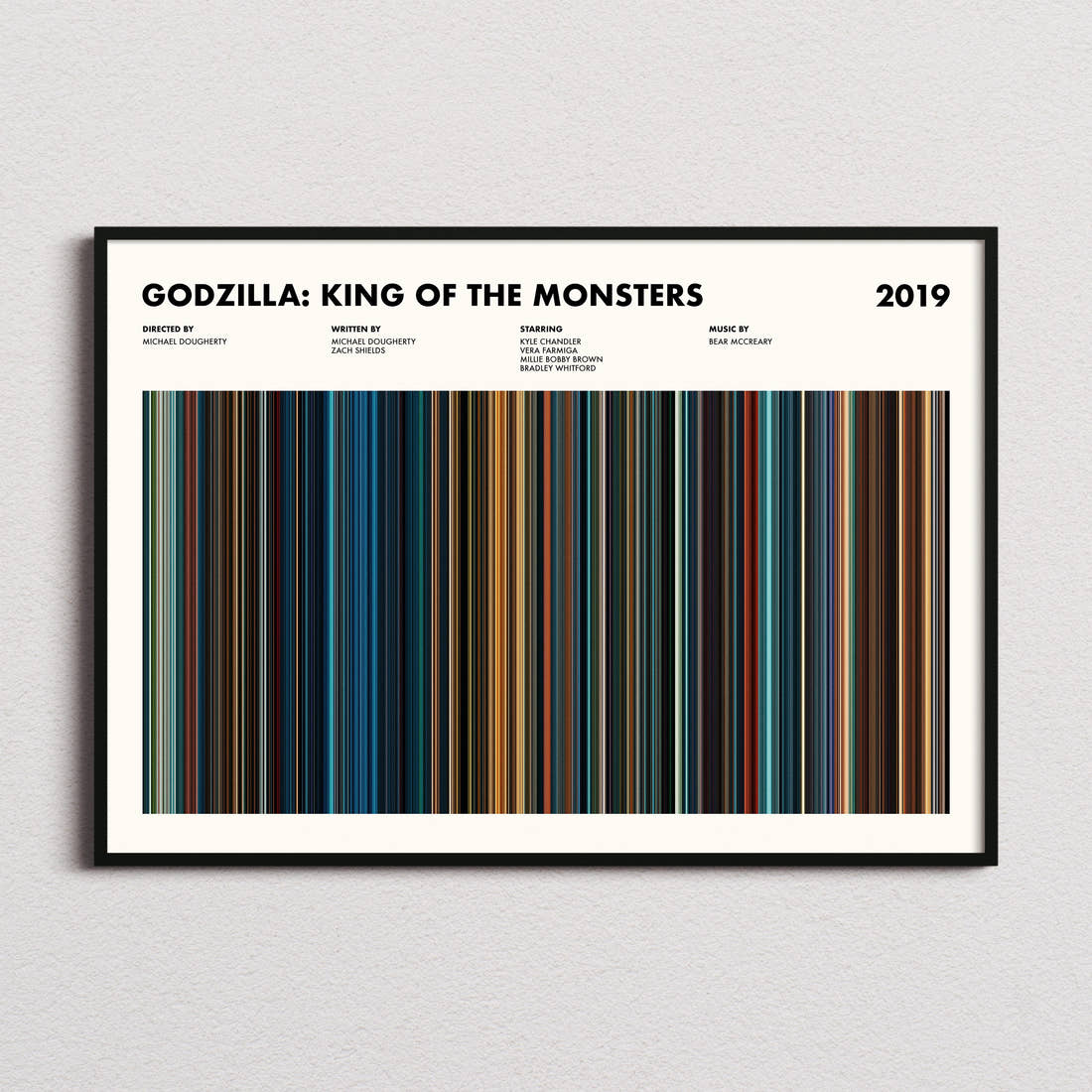 Godzilla King of the Monsters Movie Barcode Poster framed and photographed straight on