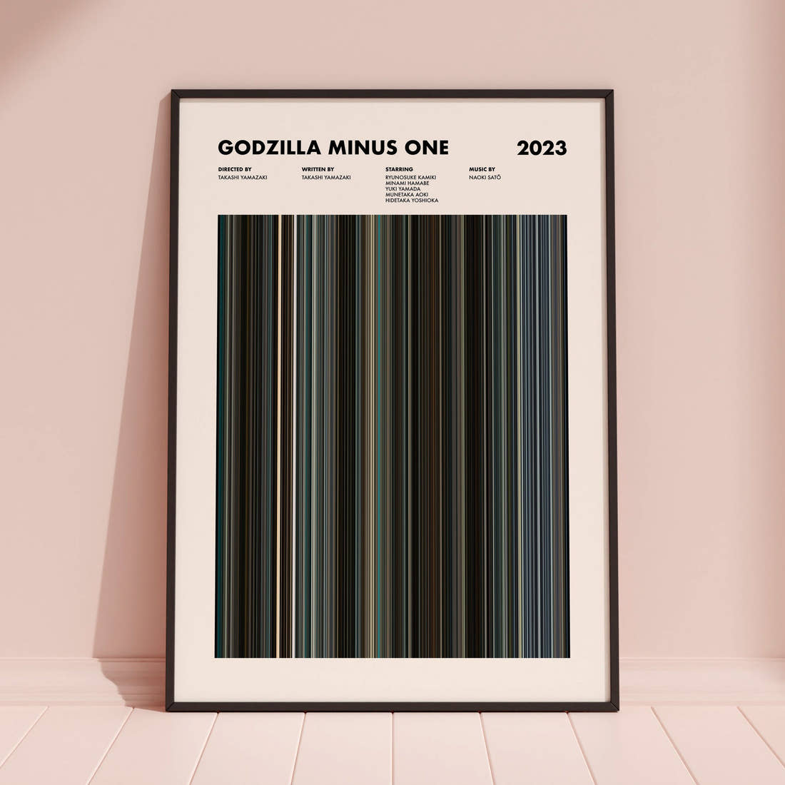 Godzilla Minus One Movie Barcode Poster framed and leaning against a coloured wall