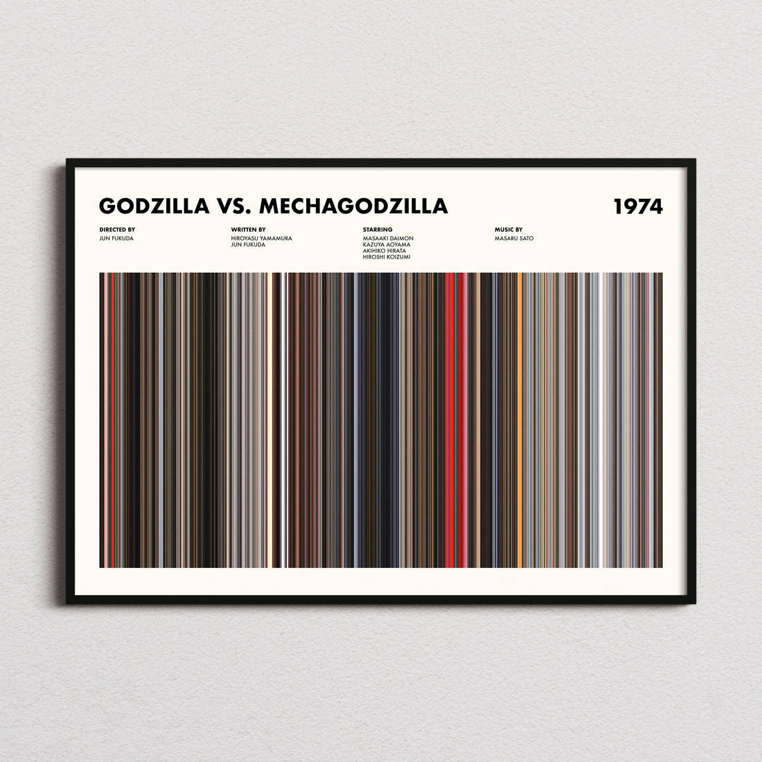 Godzilla vs Mechagodzilla Movie Barcode Poster framed and photographed straight on