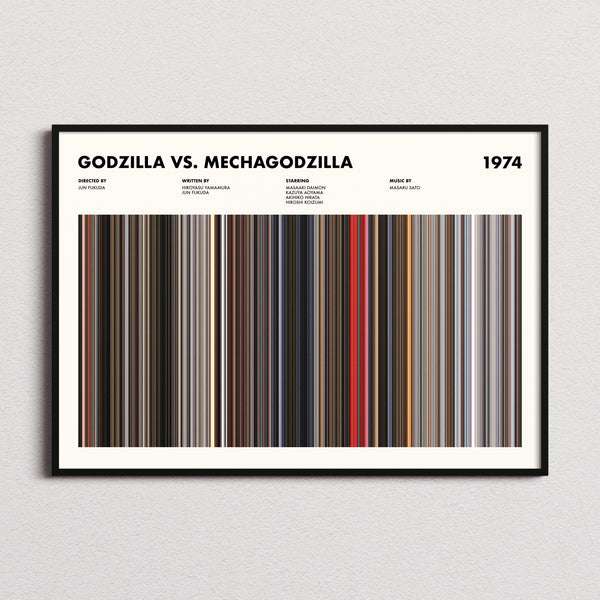 Godzilla vs Mechagodzilla Movie Barcode Poster framed and photographed straight on