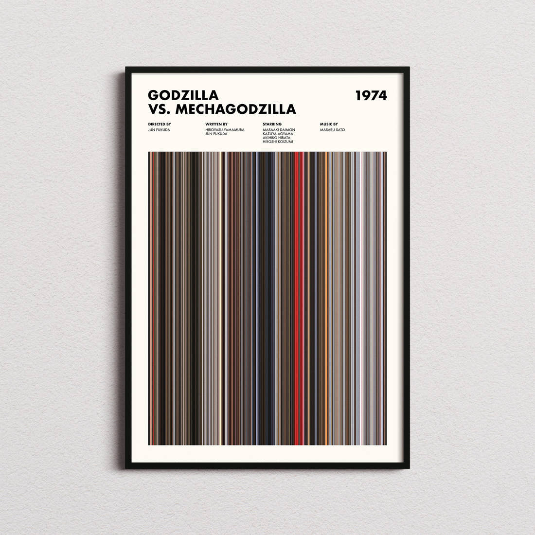 Godzilla vs Mechagodzilla Movie Barcode Poster framed on a plain studio wall