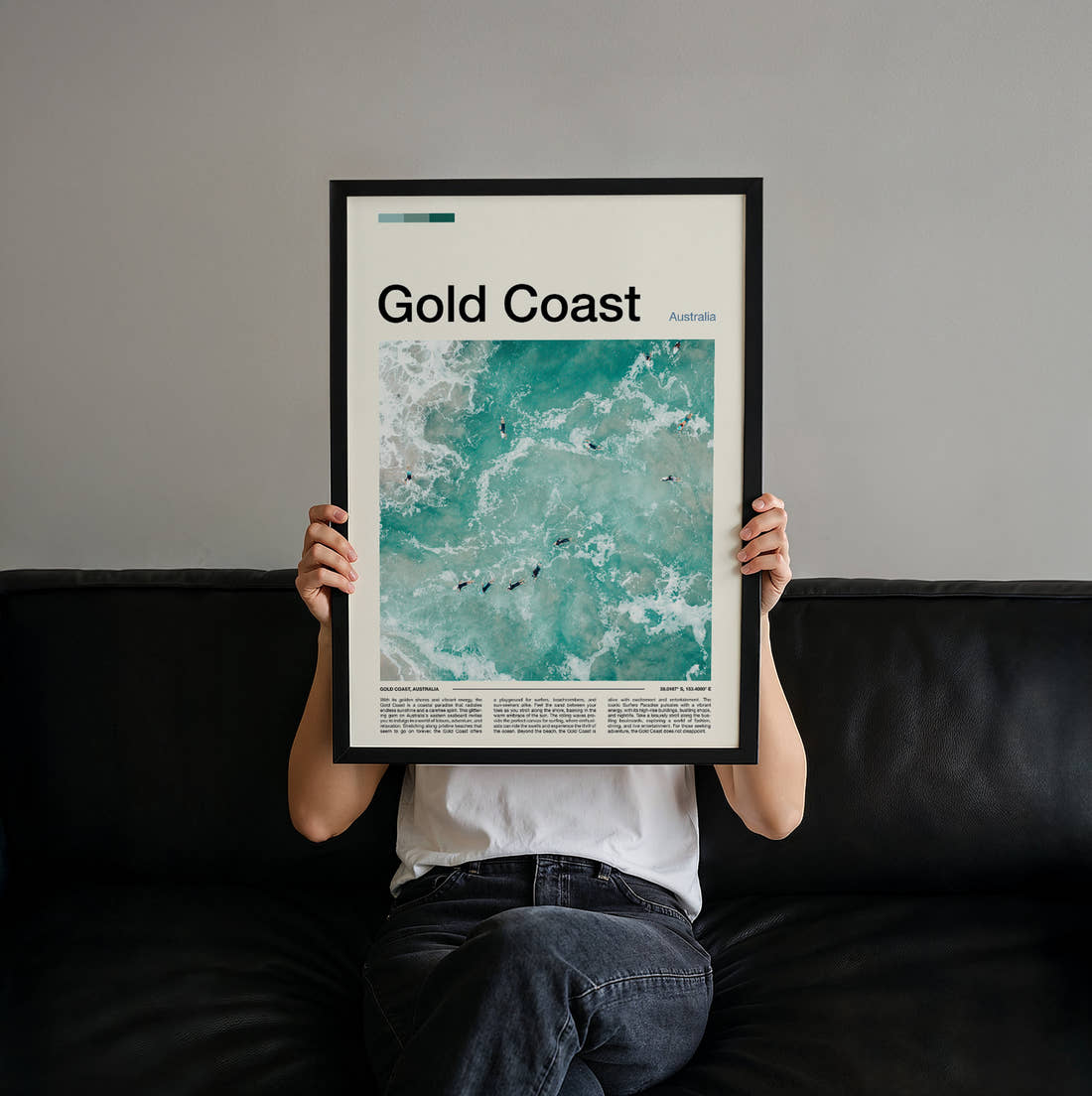 Gold Coast Surfers In The Waves Travel Print held up by hand to show the size of the print