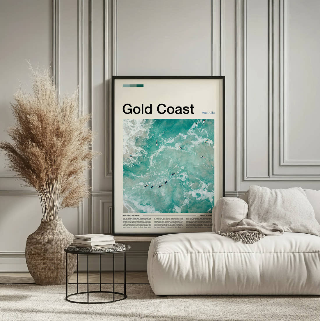 Gold Coast Surfers In The Waves Travel Print framed on the wall of a calm, neutral bedroom