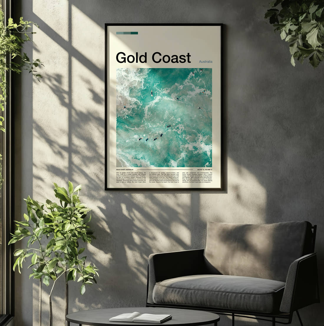 Gold Coast Surfers In The Waves Travel Print framed on the wall of a relaxed living room
