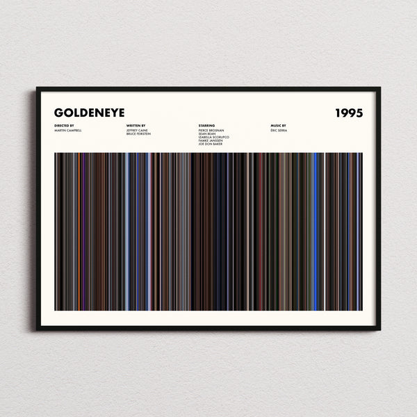 GoldenEye Movie Barcode Poster framed and photographed straight on