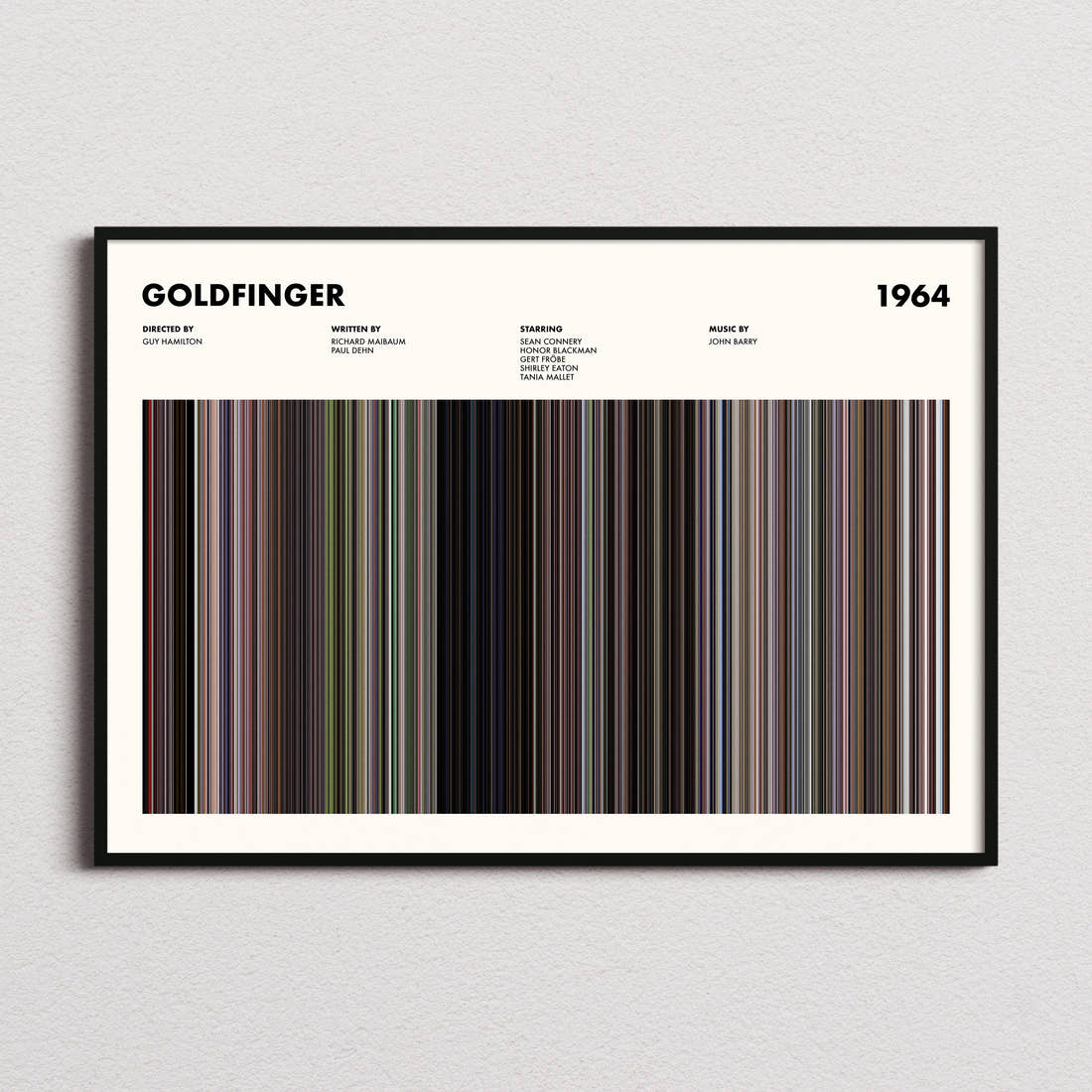 Goldfinger Movie Barcode Poster framed and photographed straight on