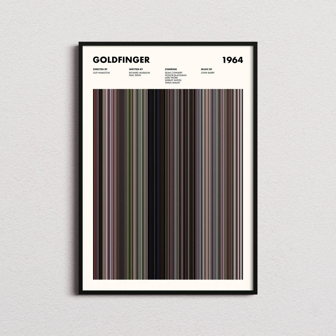 Goldfinger Movie Barcode Poster framed on a plain studio wall