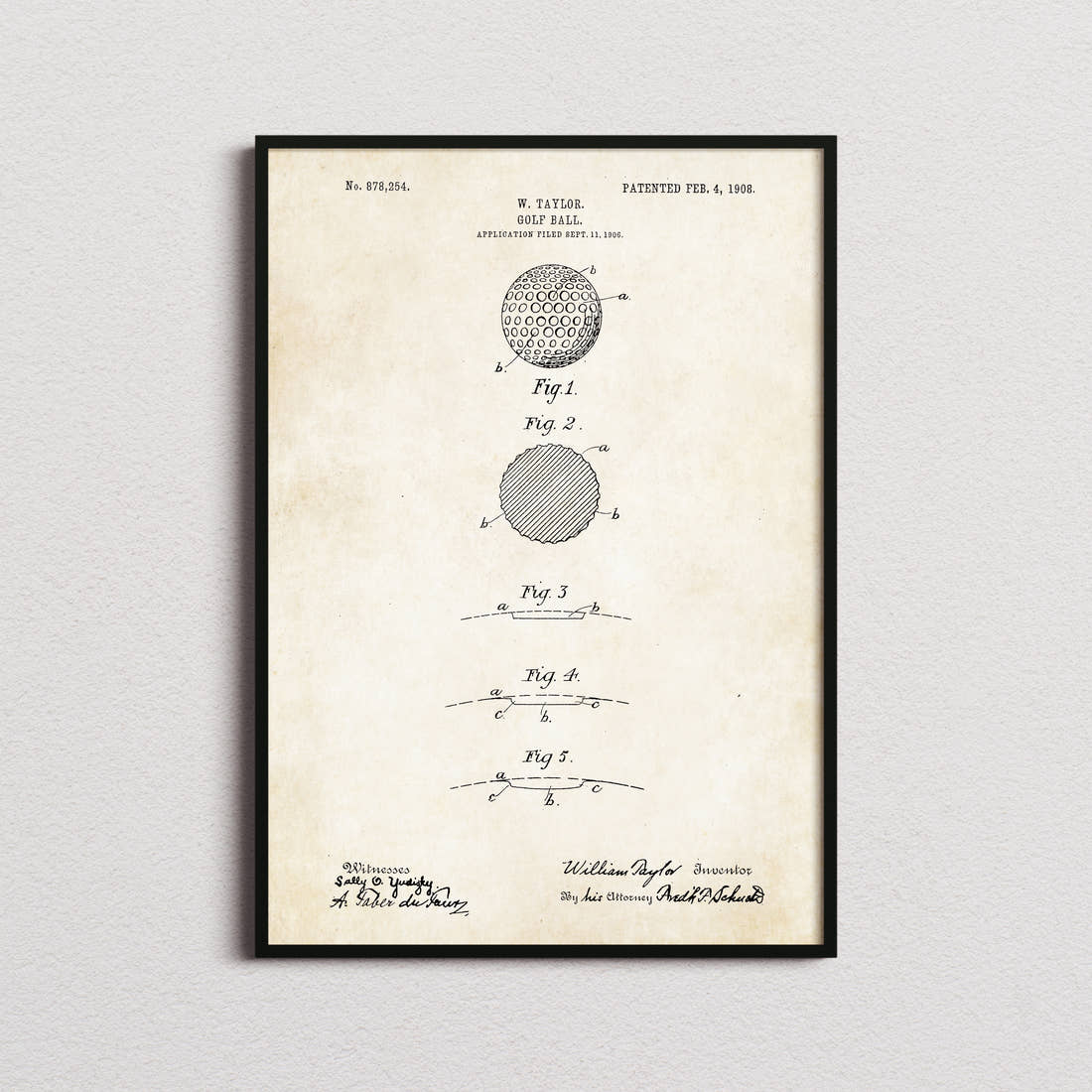Golf Ball Patent Print in the aged paper colourway, framed