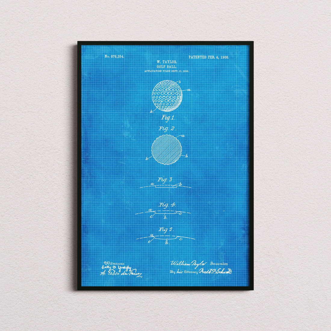 Golf Ball Patent Print in the blueprint colourway, framed