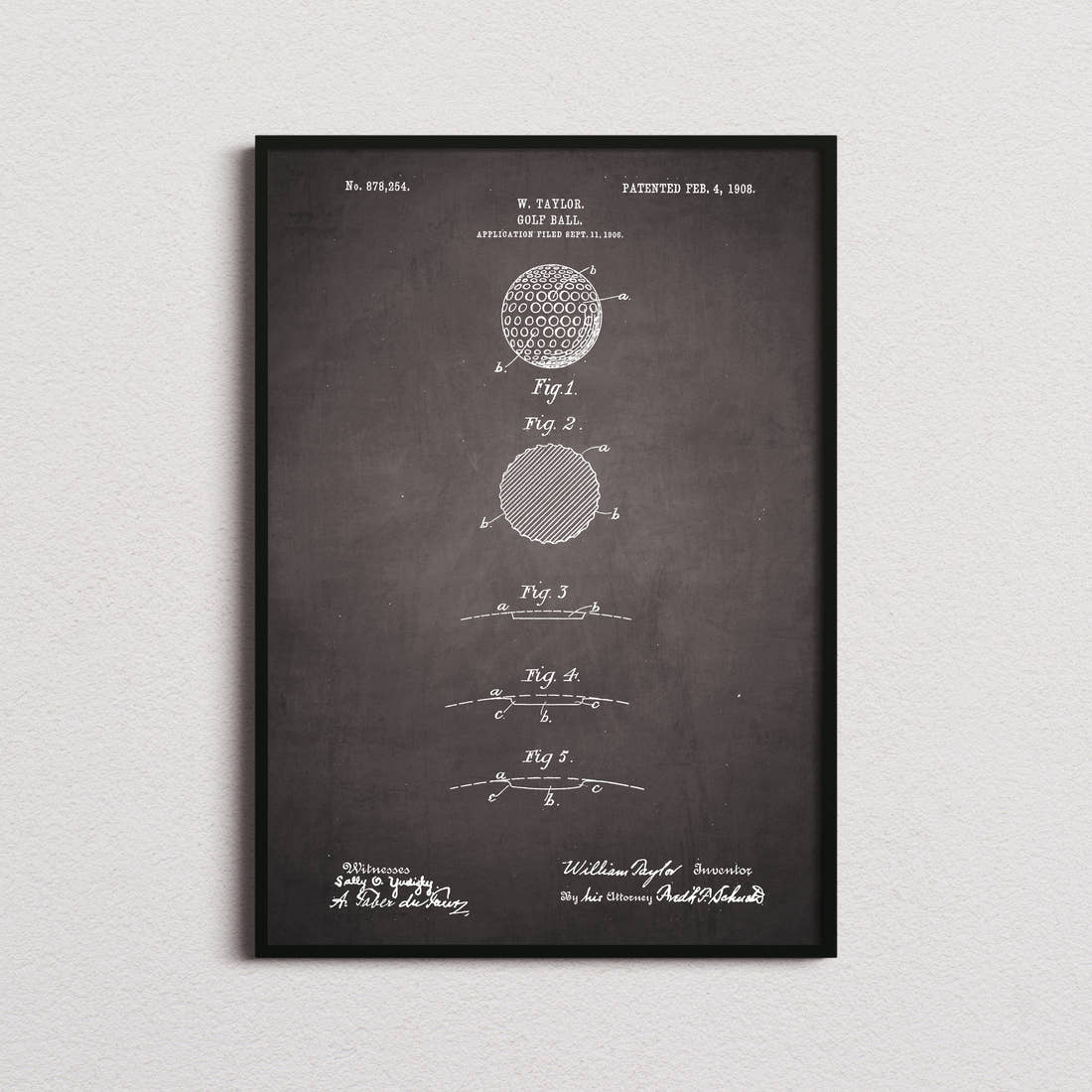 Golf Ball Patent Print in the blackboard colourway, framed