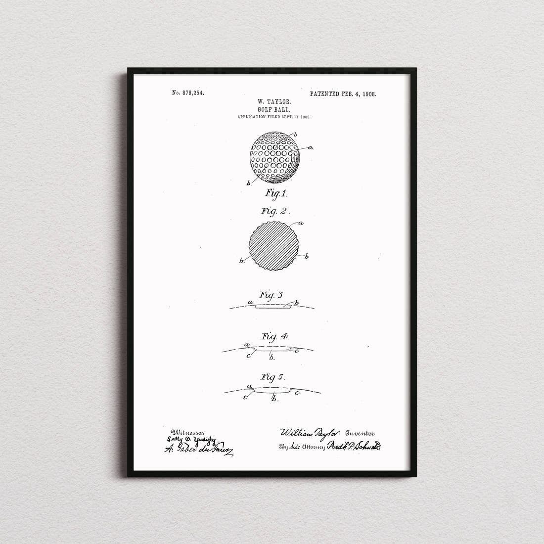 Golf Ball Patent Print in the white colourway, framed