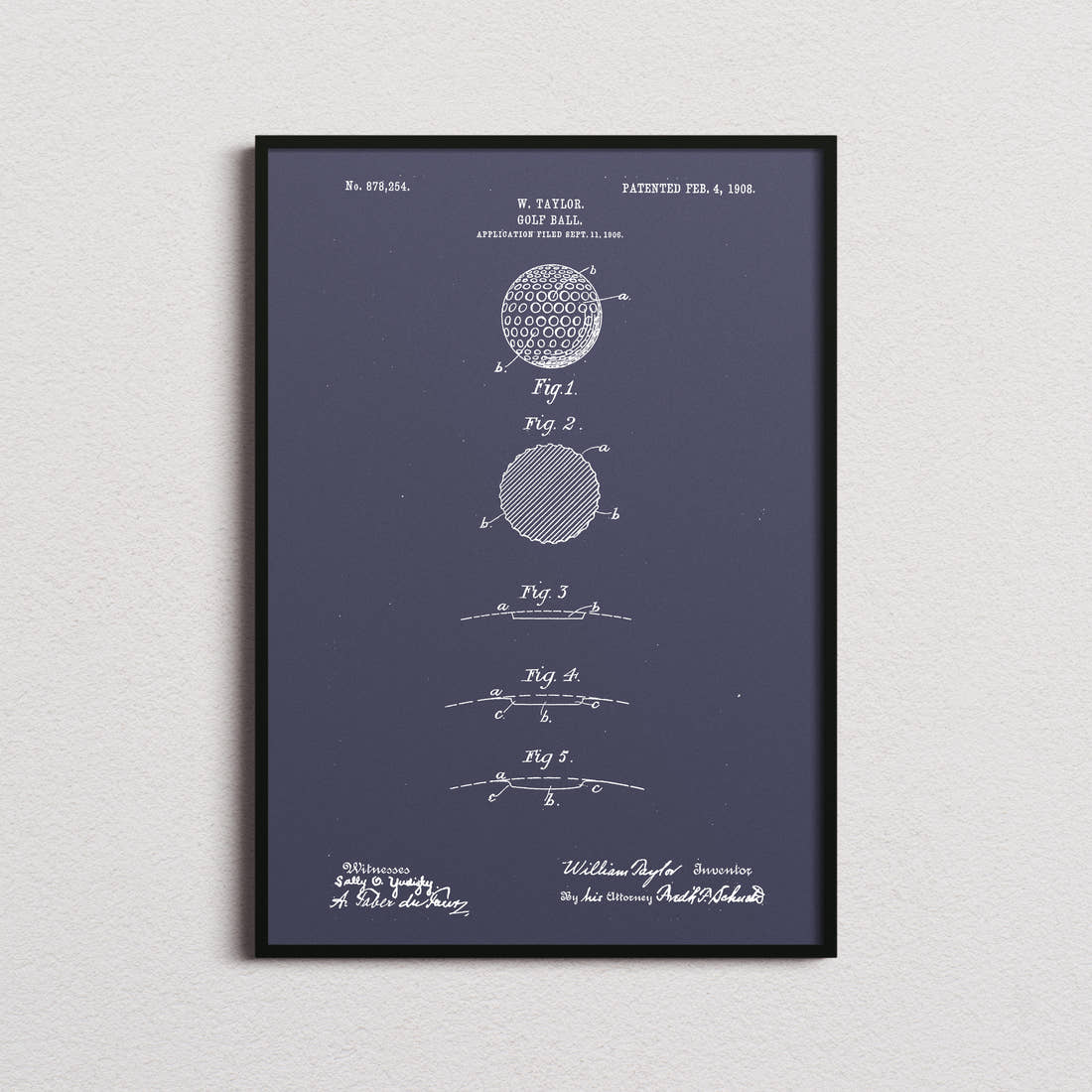 Golf Ball Patent Print in the navy colourway, framed