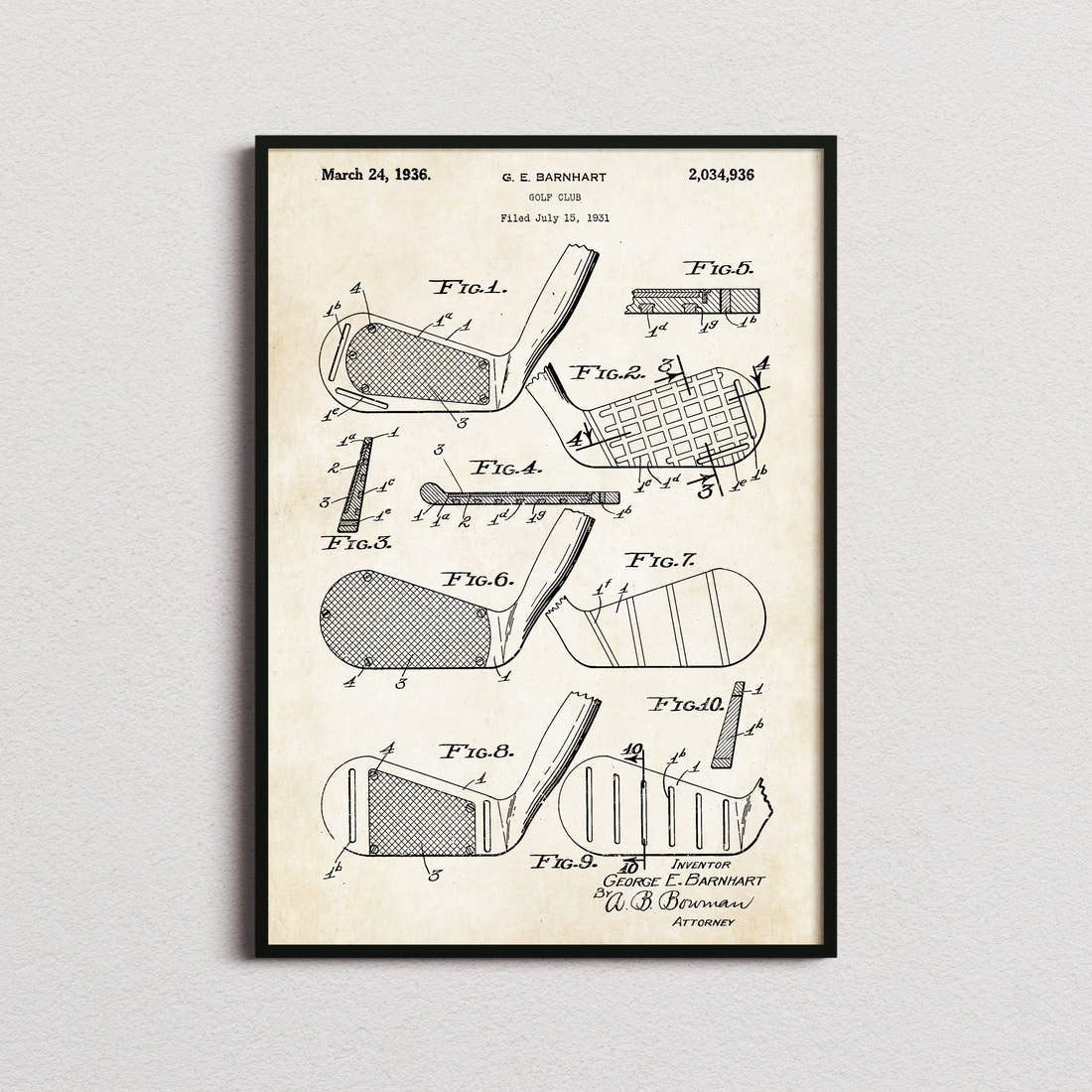 Golf Club Patent Print in the aged paper colourway, framed