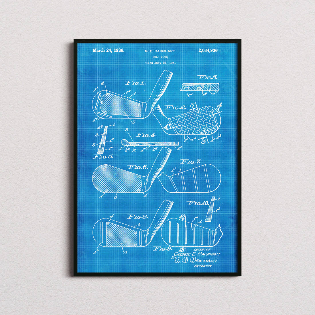 Golf Club Patent Print in the blueprint colourway, framed