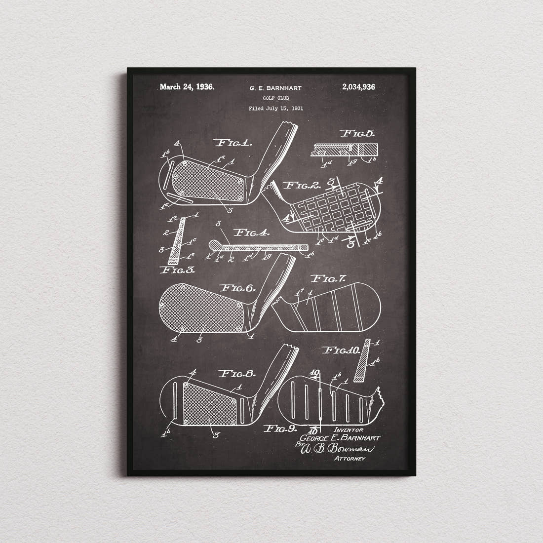 Golf Club Patent Print in the blackboard colourway, framed