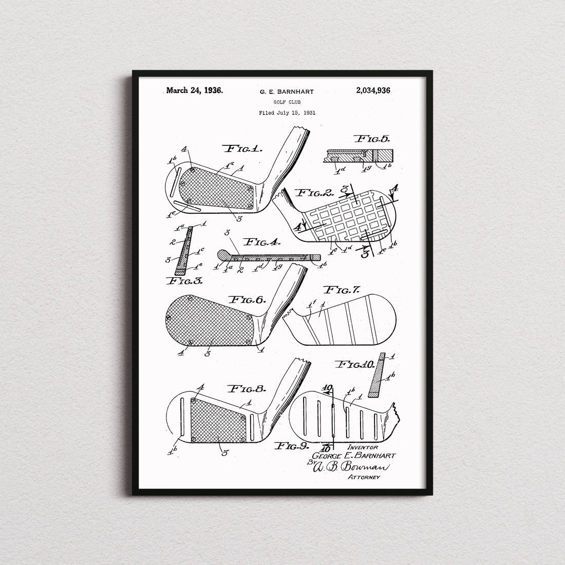 Golf Club Patent Print in the white colourway, framed