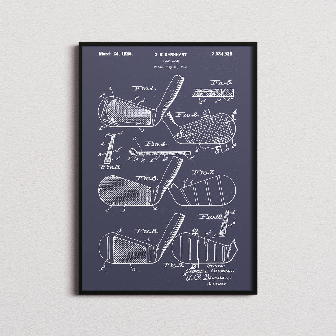 Golf Club Patent Print in the navy colourway, framed