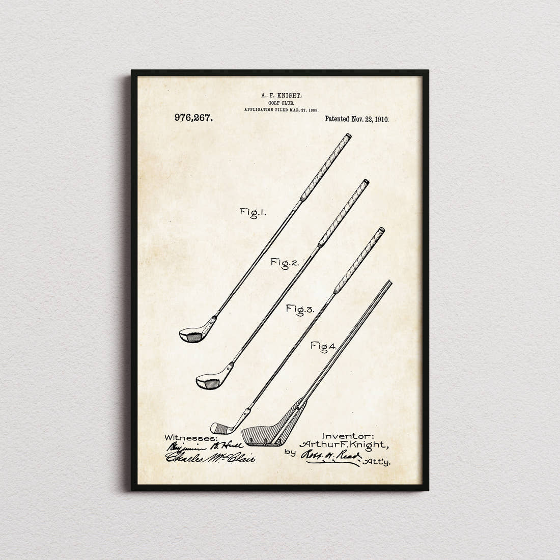 Golf Club Patent Print in the aged paper colourway, framed