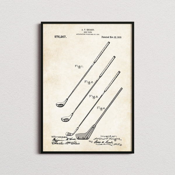 Golf Club Patent Print in the aged paper colourway, framed
