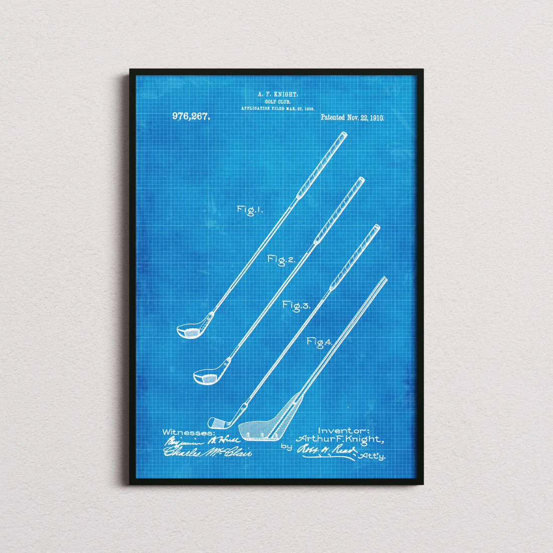 Golf Club Patent Print in the blueprint colourway, framed