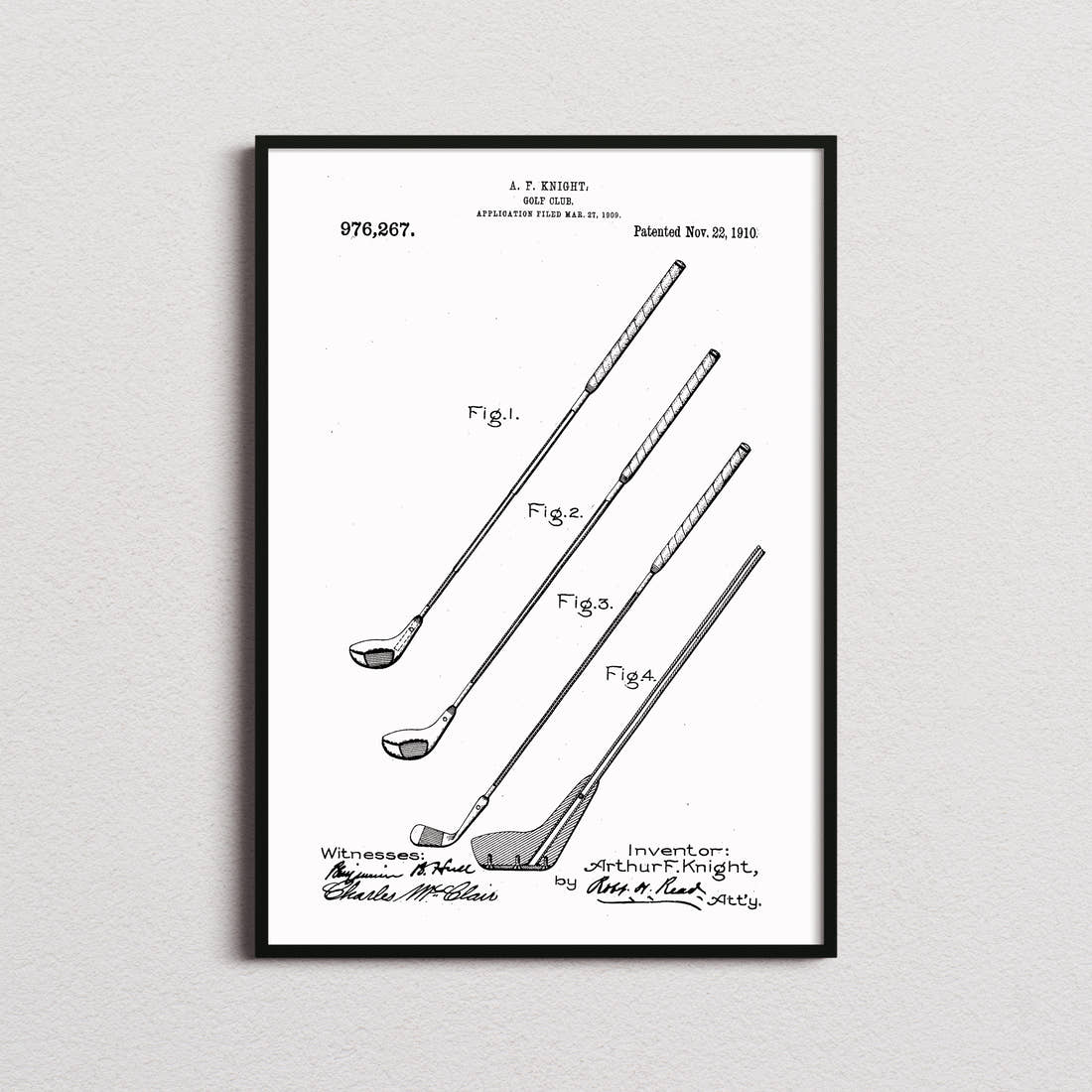 Golf Club Patent Print in the white colourway, framed