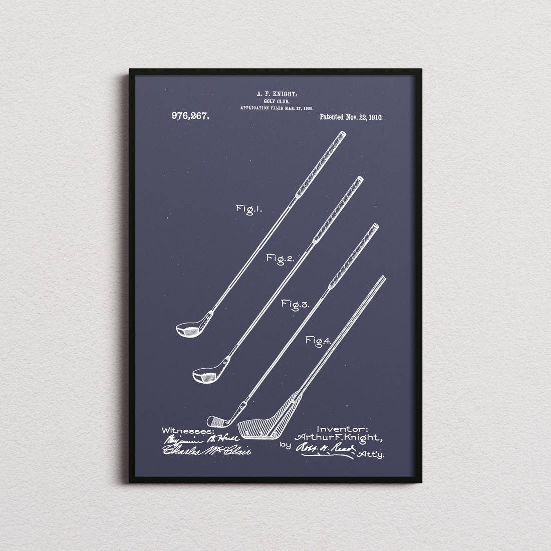 Golf Club Patent Print in the navy colourway, framed