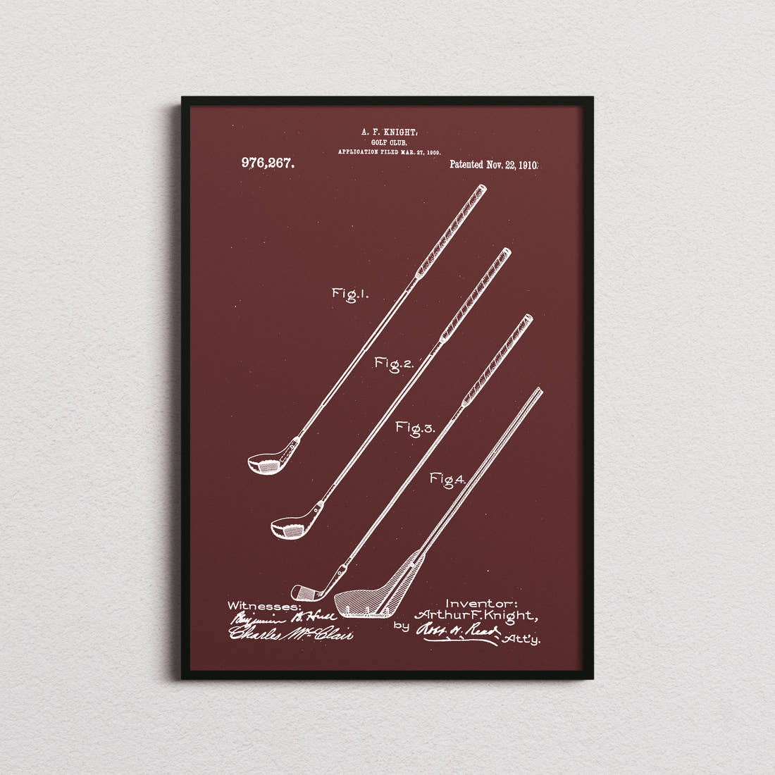 Golf Club Patent Print in the burgundy colourway, framed