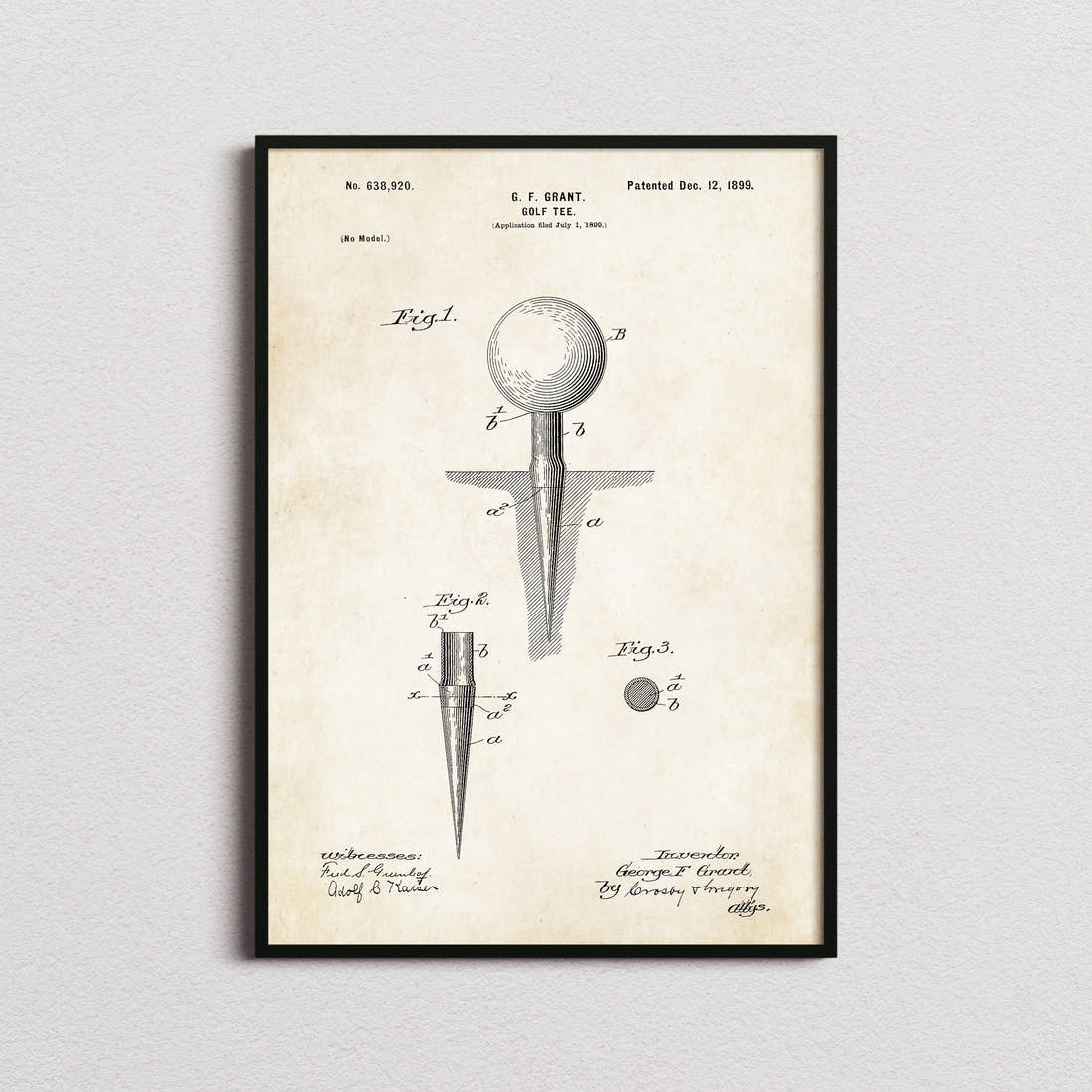 Golf Tee Patent Print in the aged paper colourway, framed