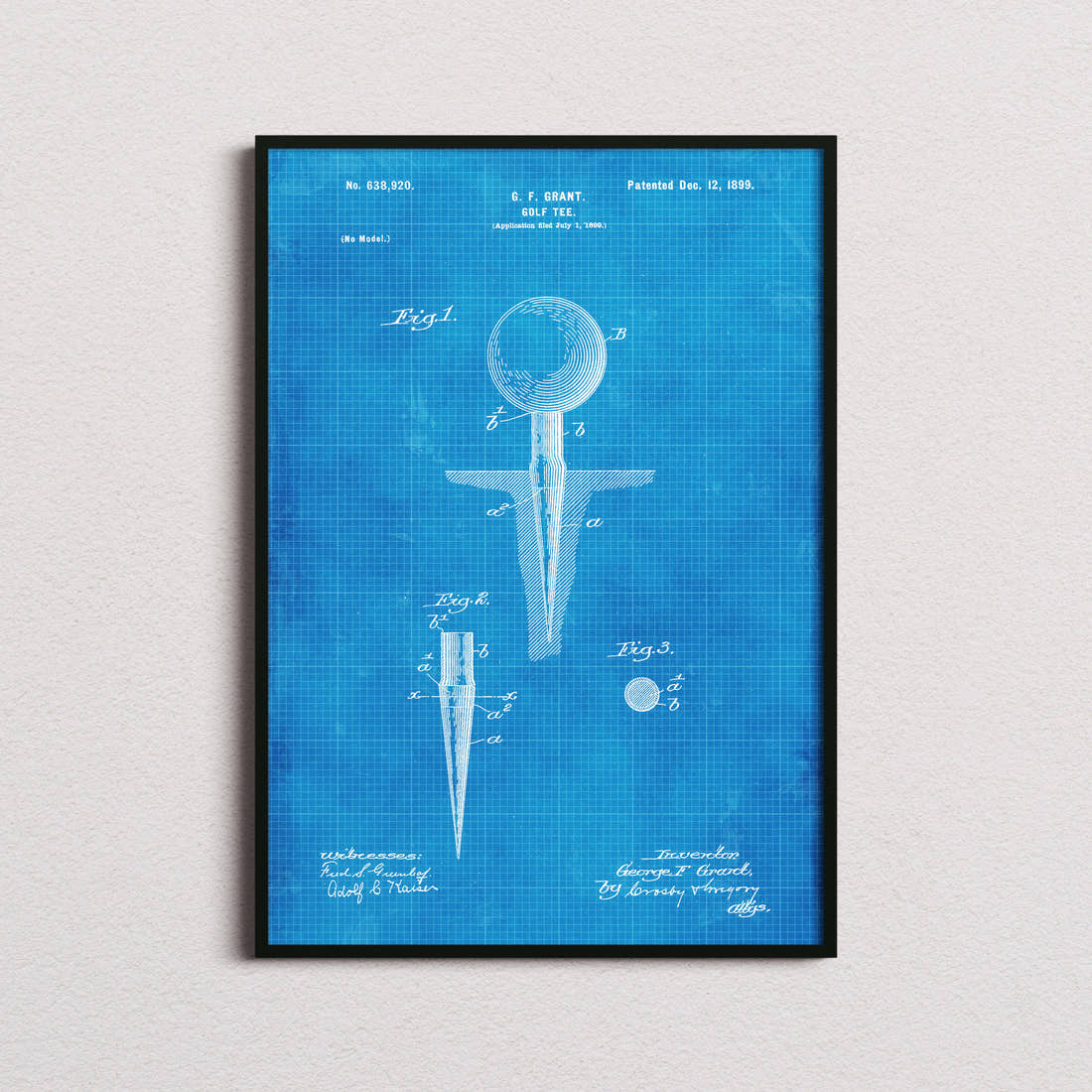 Golf Tee Patent Print in the blueprint colourway, framed