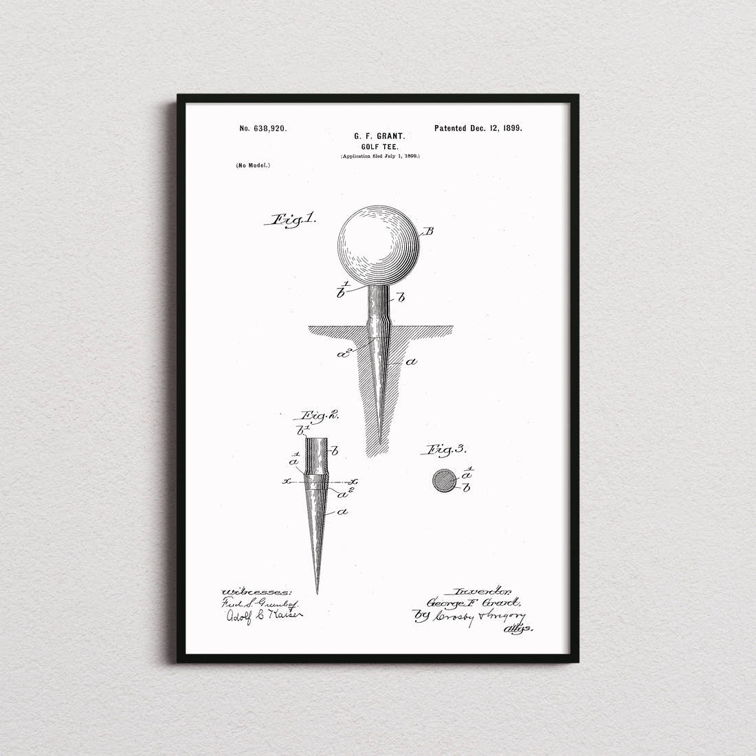 Golf Tee Patent Print in the white colourway, framed