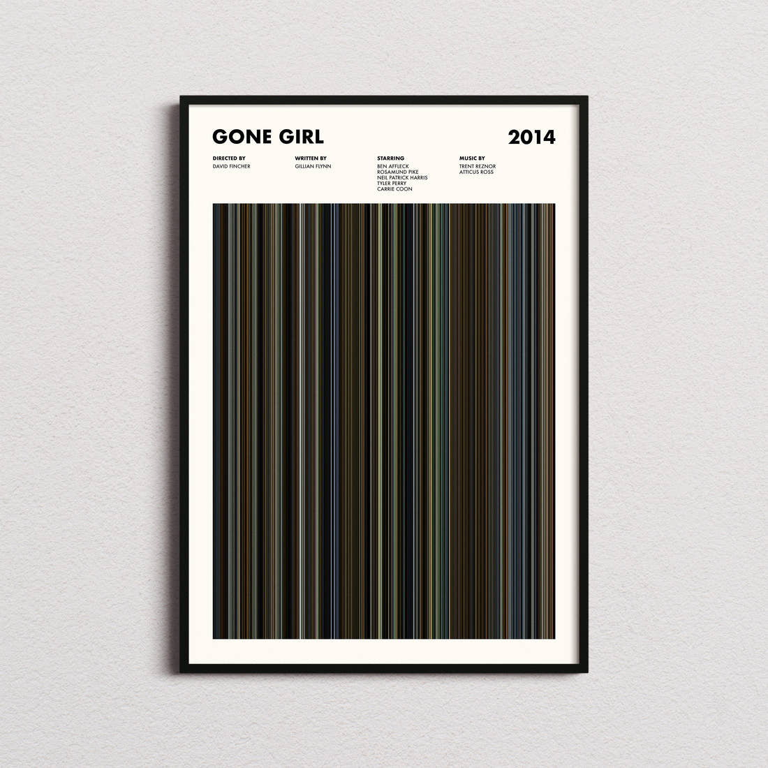 Gone Girl Movie Barcode Poster framed on a plain studio wall