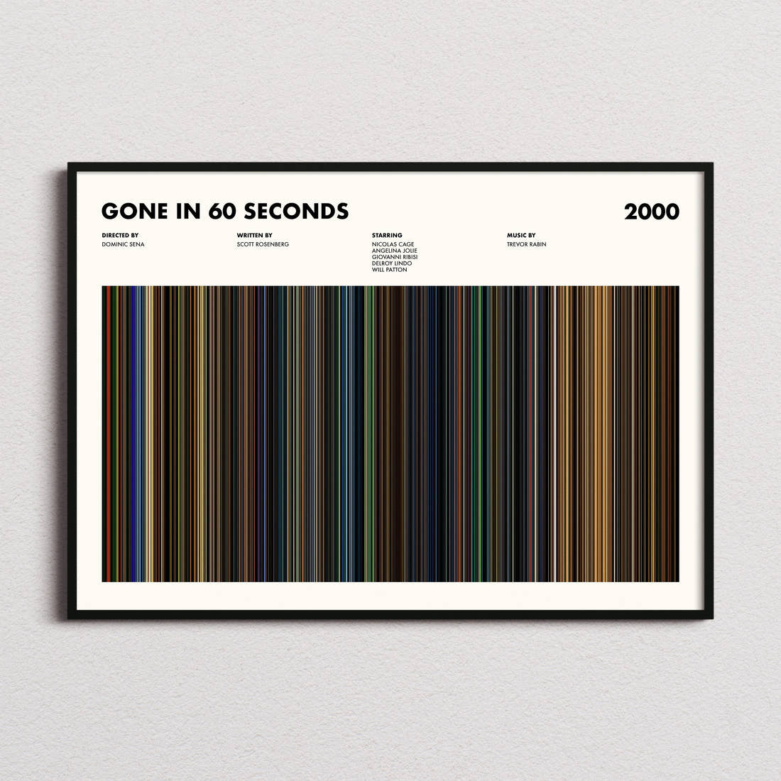 Gone In 60 Seconds Movie Barcode Poster framed and photographed straight on