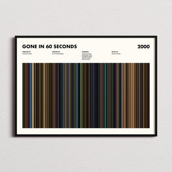 Gone In 60 Seconds Movie Barcode Poster framed and photographed straight on