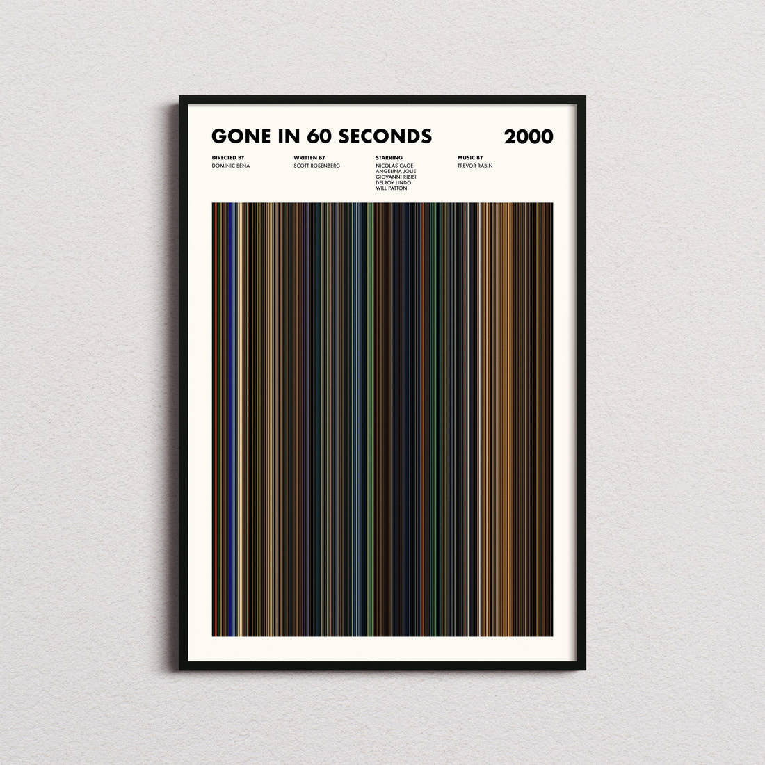Gone In 60 Seconds Movie Barcode Poster framed on a plain studio wall