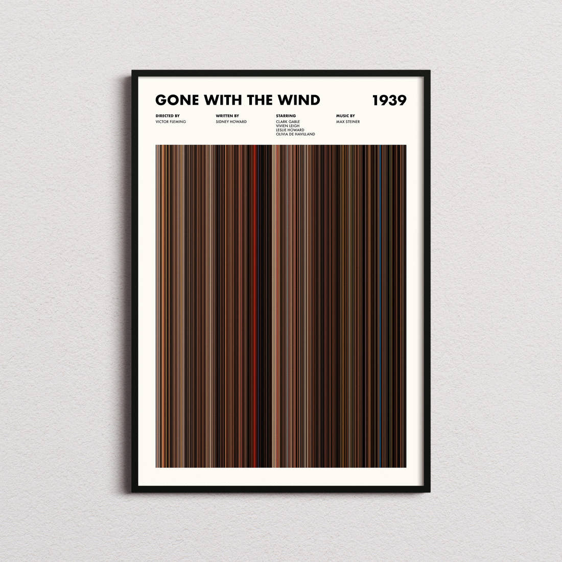 Gone With the Wind Movie Barcode Poster framed on a plain studio wall