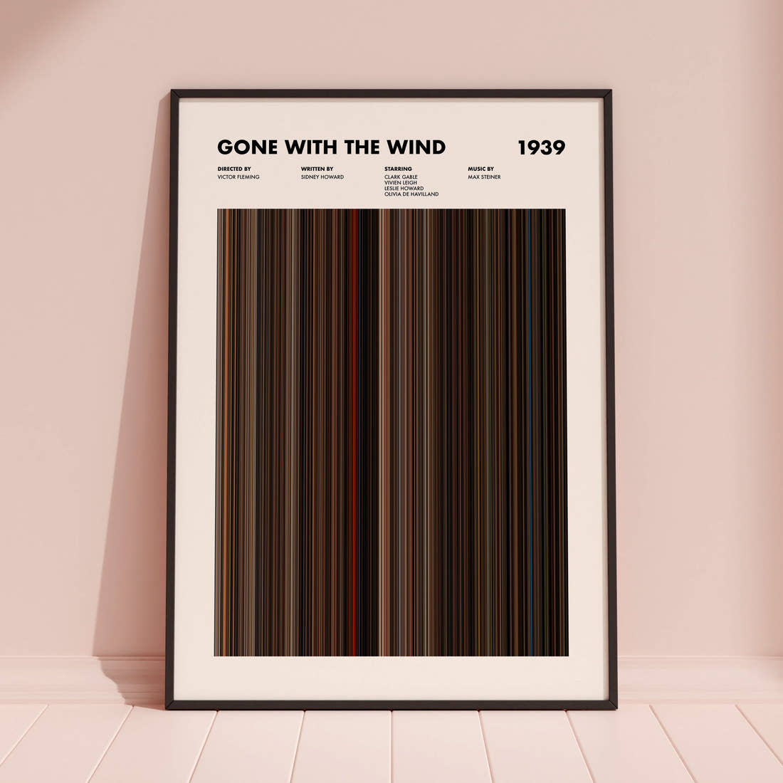 Gone With the Wind Movie Barcode Poster framed and leaning against a coloured wall