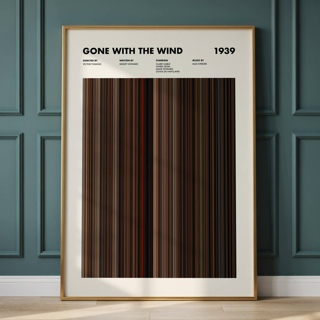 Gone With the Wind Movie Barcode Poster framed and leaning against a panelled wall