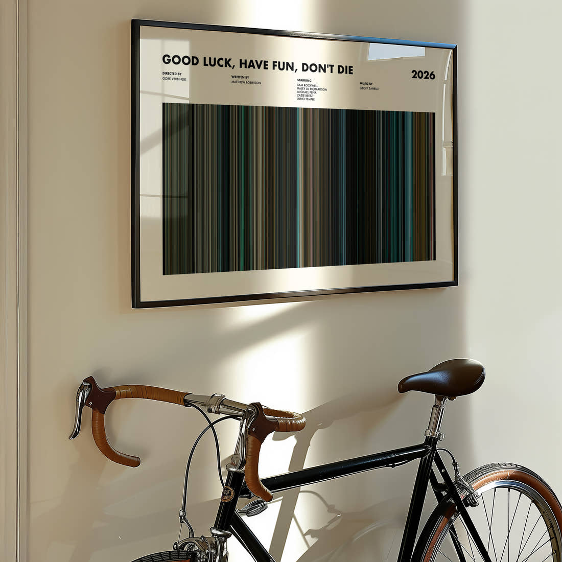 Good Luck, Have Fun, Don't Die Movie Barcode Poster framed on the wall of a styled room setting