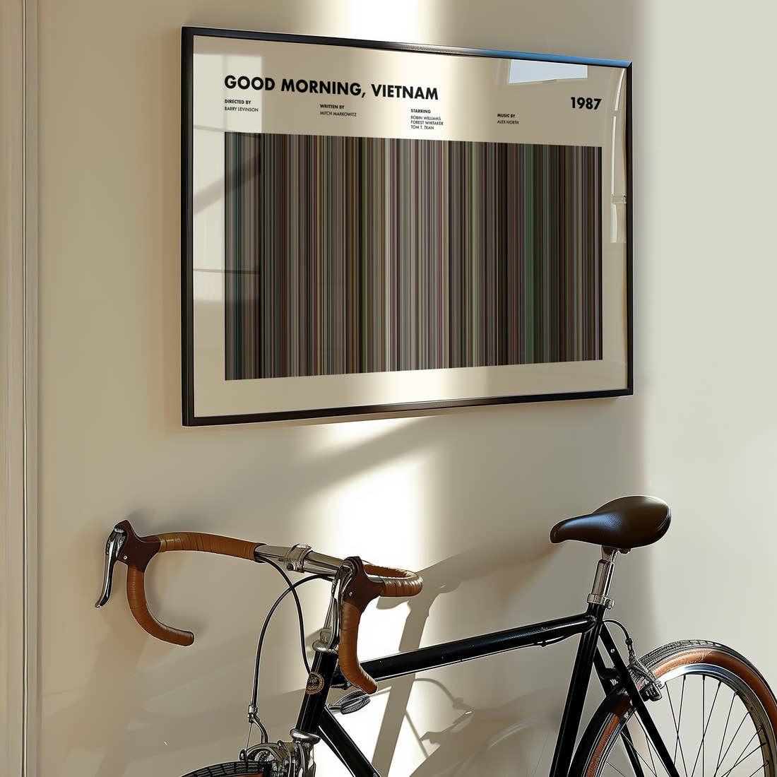 Good Morning, Vietnam Movie Barcode Poster framed on the wall of a styled room setting