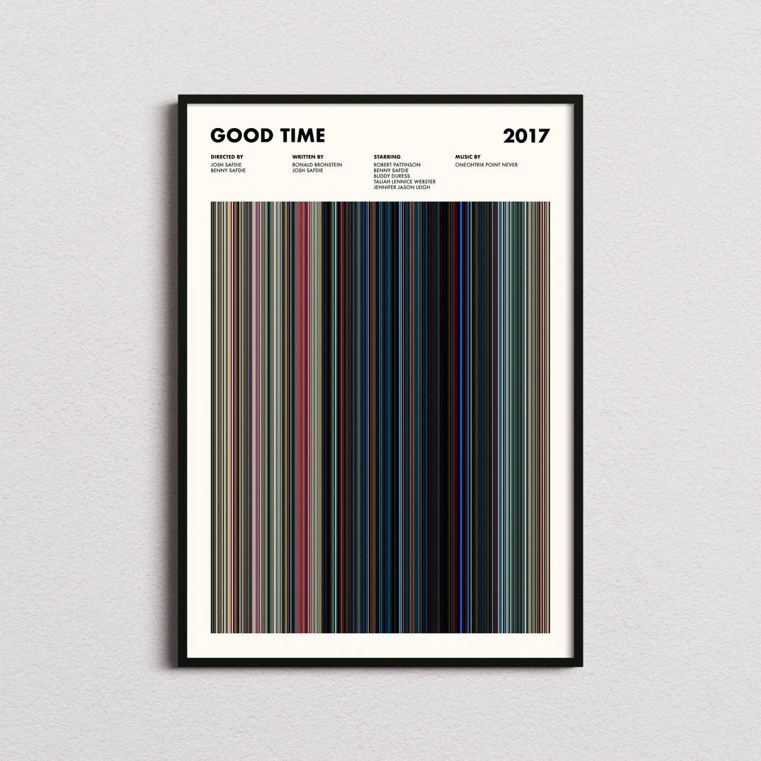 Good Time Movie Barcode Poster framed on a plain studio wall