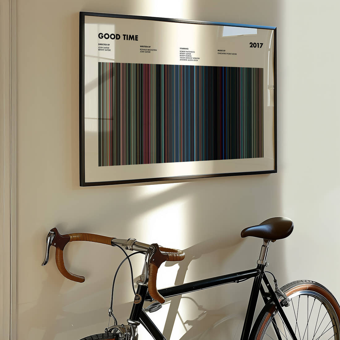 Good Time Movie Barcode Poster framed on the wall of a styled room setting